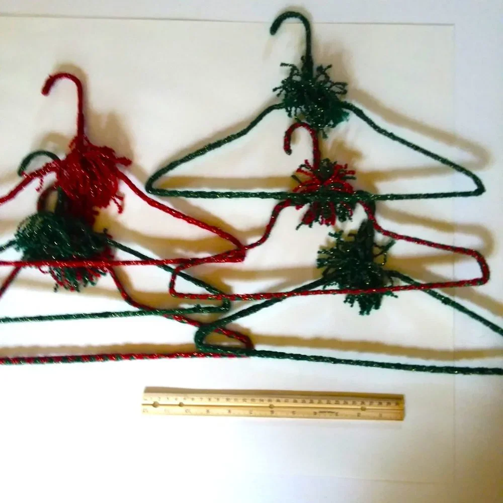 6 VTG 70s Crocheted Hangers Christmas Pom Poms Handmade Metal Retro Granny Knit
